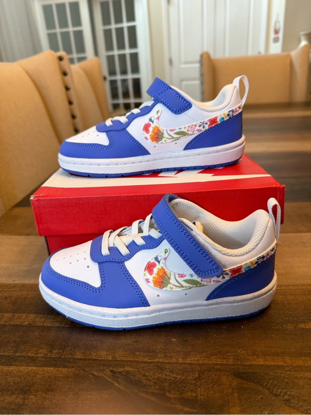 Nike Court Borough Low FL Unisex Kids Floral Sneakers White Sapphire Size 12C